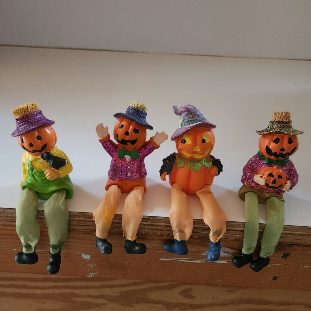 Halloween Resin (4) Orange Pumpkin Shelf Sitters Vintage Holiday Decor BOO 7"